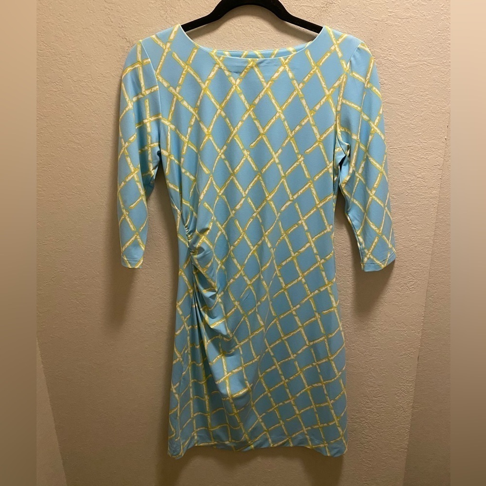 J. McLaughlin Blue Catalina Cloth Bamboo Print Ruched 3/4 Sleeve Dress Size S